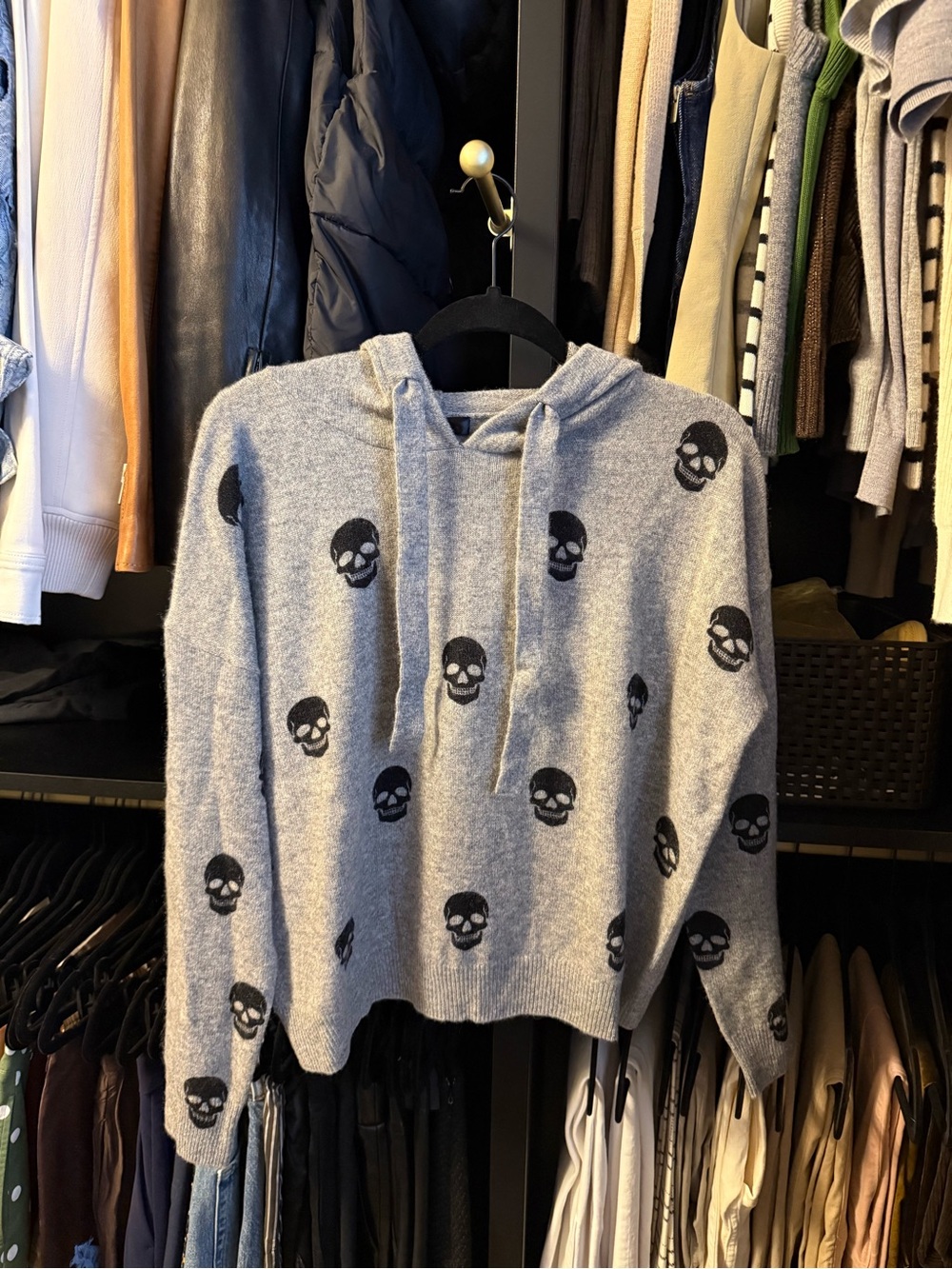 Aqua Gray Hooded Cashmere Sweater with Black Skull Print